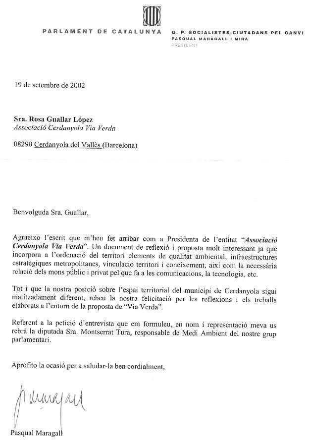 Carta d'en Pasqual Maragall lloant el projecte de la Via Verda.